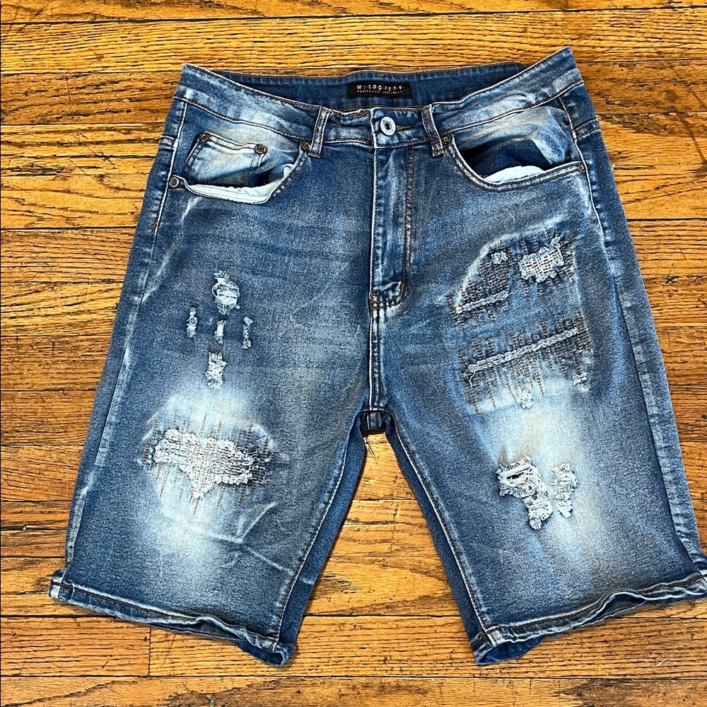 M.SOCIETY  Blue Distressed Jean Shorts